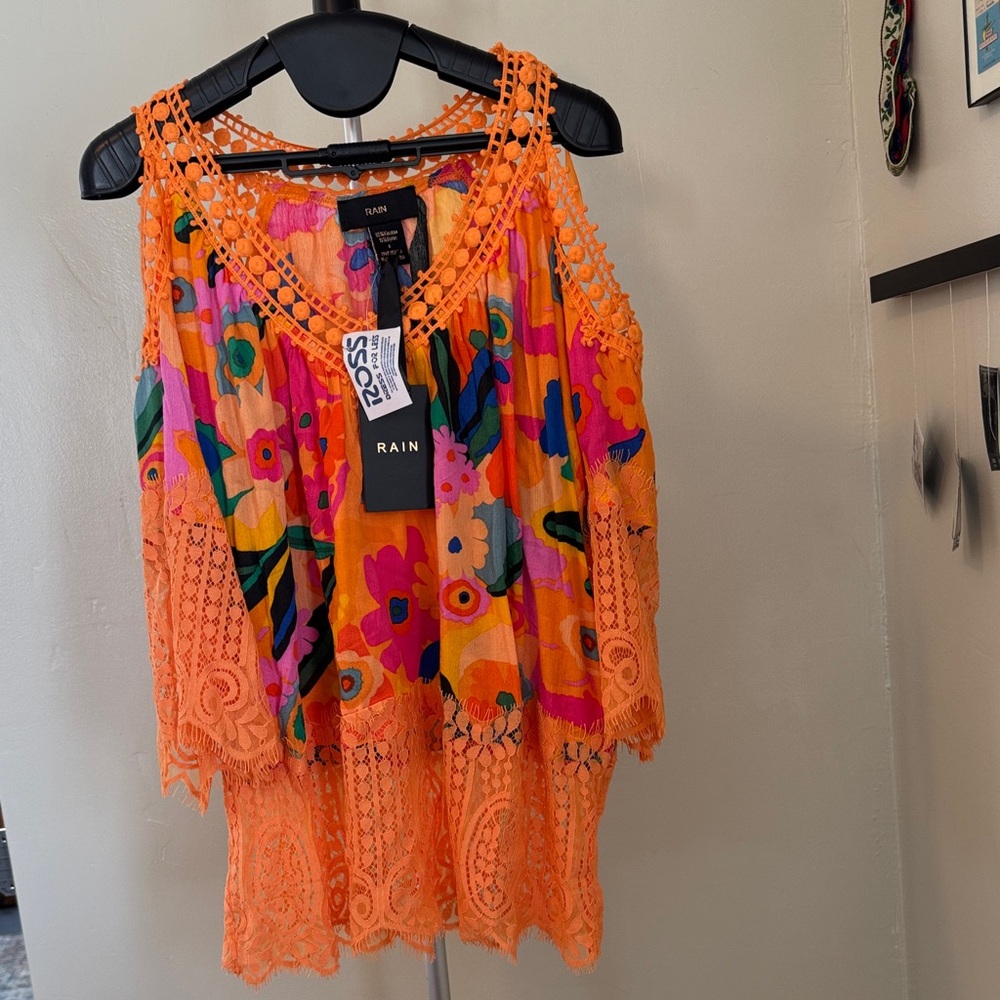 Women's Floral Lace Trim Top - Orange Multicolor